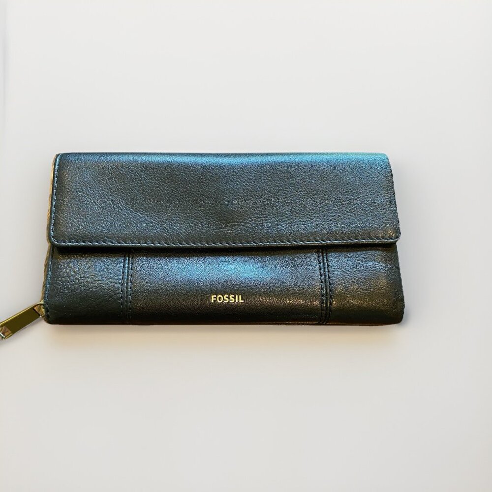 Fossil Jori RFID Flap Clutch Black Leather SWL3009001 Zip Wallet Purse Unused
